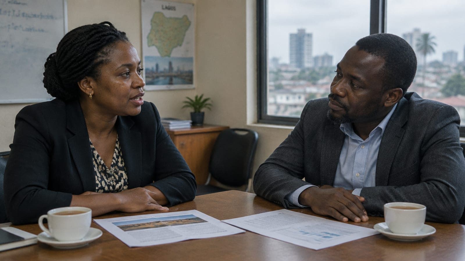 Two professionals in conversation across a meeting table in Lagos